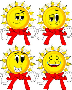 卡通太阳用摇杆摆姿势的双手。带着笑脸的集合。表达式矢量集