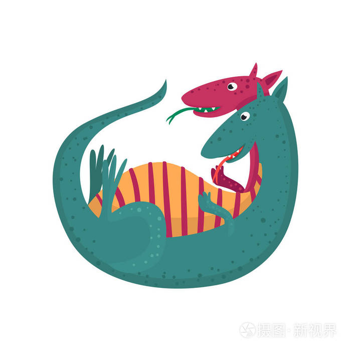 可爱的卡通双头龙字符 神话动物 幻想爬行动物矢量插图插画 正版商用图片03ddg0 摄图新视界