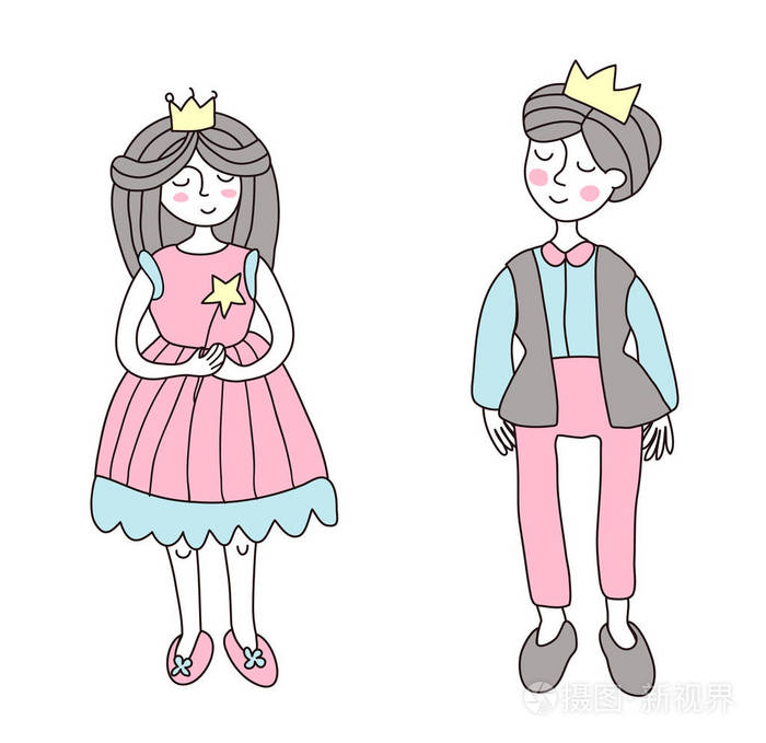 王子和公主简单样式的矢量插图在白色上隔离