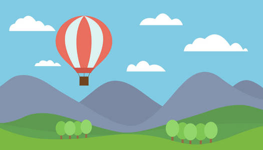 与红色热气球飞行山区有树木在蓝天白云下的动漫视图山风景矢量