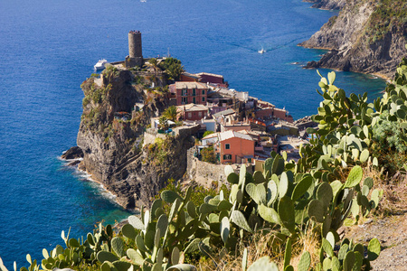 Vernazza 鸟瞰图在五渔村, 意大利