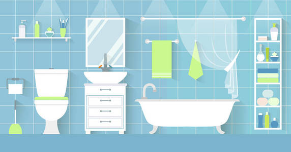浴室的矢量内部以扁平的方式。带家具和水管的卫生间