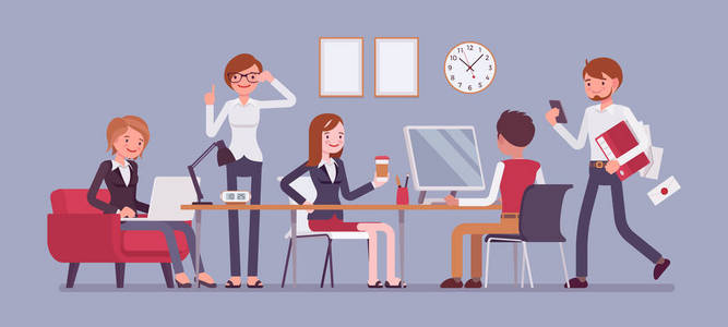 在工作场所的年轻经理工作忙女人在办公室工作忙工作很忙的商人卡通