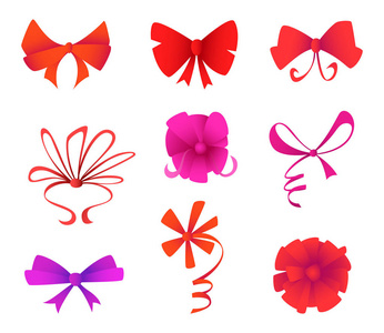 不同形状的套装礼品蝴蝶结丝带。假日和庆祝概念。平面设计