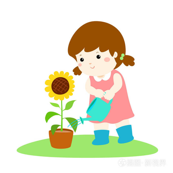 女孩种植树卡通矢量