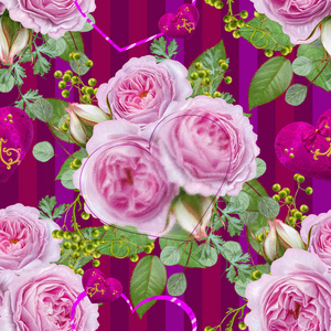 花卉无缝花纹。插花, 花束精致美丽的粉红色玫瑰, 绿色浆果, 叶子。在心脏的形式的数字。情人节恋人
