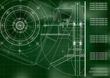 机械工程图纸。矢量工程制图。绿色.格