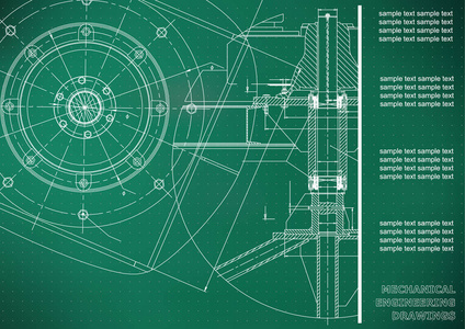 机械工程图纸。矢量工程制图。浅绿色。点