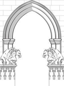 哥特式拱门用滴水手绘矢量插图。框架或打印设计