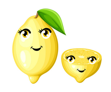 新鲜柠檬与叶子和半柠檬卡通微笑果子与眼睛和嘴卡通风格矢量插图在白色背景网页和移动应用程序设计中隔离