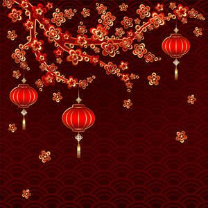 七彩背景下的新年大红灯笼照片