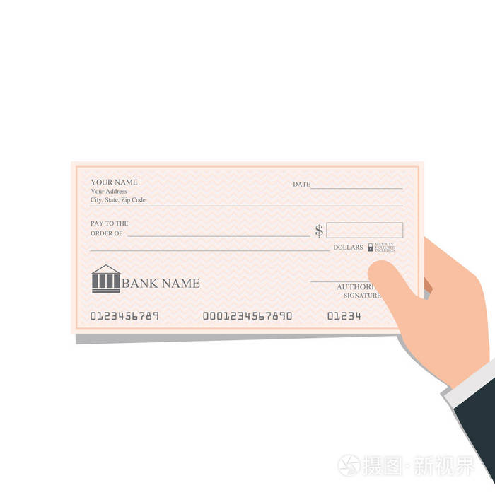 商人持有彩色的空白银行支票或支票簿.