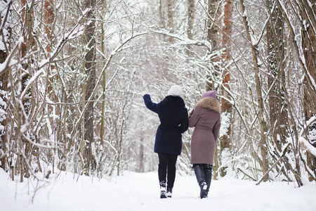 一个年轻的女孩在一个冬天公园散步。圣诞假期在 t