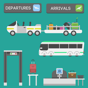 平面机场交通标志平面设计插图站概念航空港符号离境行李平面业务向量