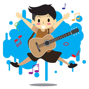 年轻男孩演奏原声吉他快乐爱情音乐抽象背景人物设计卡通风格的插画载体