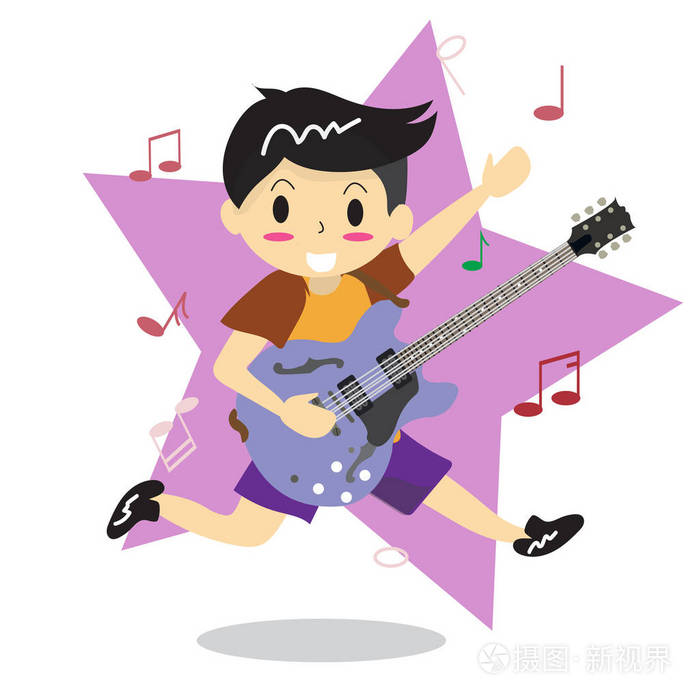 年轻男孩玩电动爵士吉他快乐的爱情音乐明星背景字符设计卡通风格的