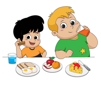 孩子在和朋友吃饭和聊天。向量和插图