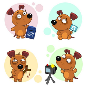 第三部分, 与狗的图标碰撞设计。一只狗站在邮筒附近, 一只带弹弓的坏狗, 一只狗, 上面画着房子的招牌, 一只狗带着照相机拍照。