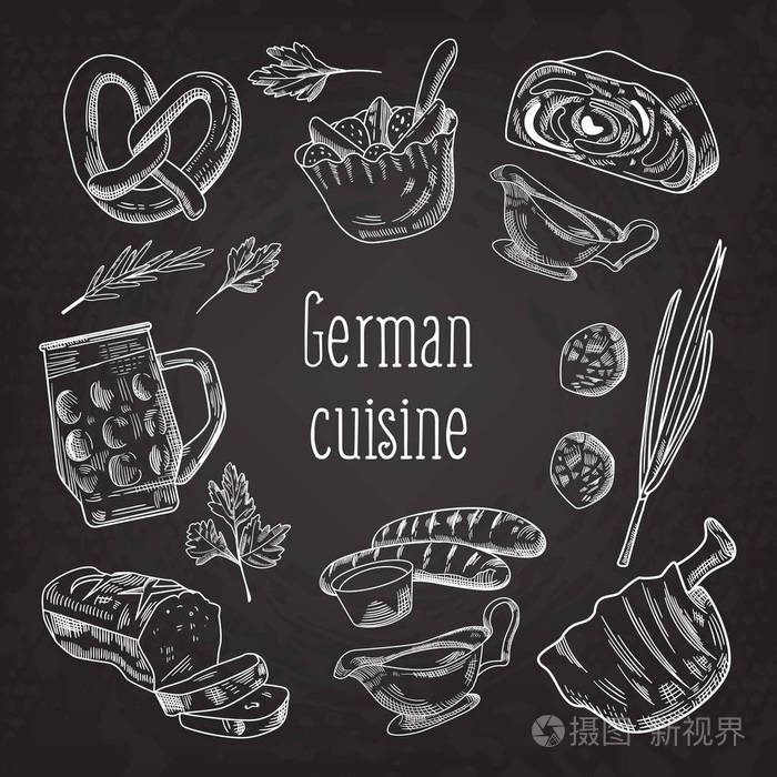 德国传统食物手绘轮廓涂鸦德国菜菜单模板食物和饮料矢量插图