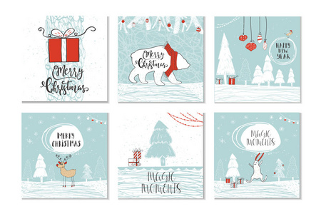 一套6可爱的圣诞礼品卡与报价圣诞快乐, 明亮, 温馨的祝愿, 魔术的时刻。易于编辑的模板。可爱的插图, 卡片, 海报, tsh