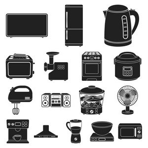 家用电器的类型黑色图标集合中的设计。厨房设备矢量符号库存 web 插图