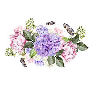 水彩婚礼花束与玫瑰, 牡丹和绣球。Ilustration