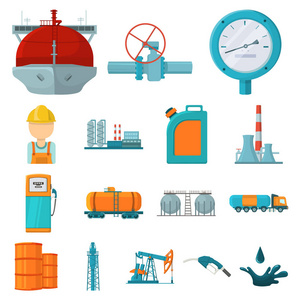 石油工业的卡通图标集集为设计。设备与采油媒介符号股票网站插图