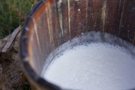 发泡牛奶新鲜的牛奶,在木桶中的特写照片