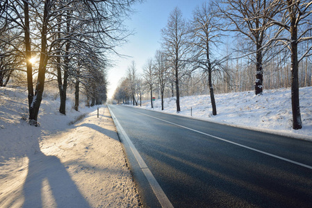 冬季公路与雪树在日落时