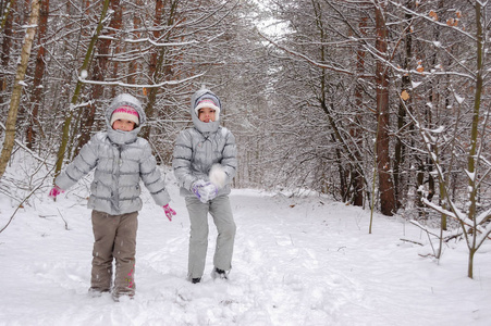 快乐的孩子玩雪在冬季森林, 家庭冬季周末户外