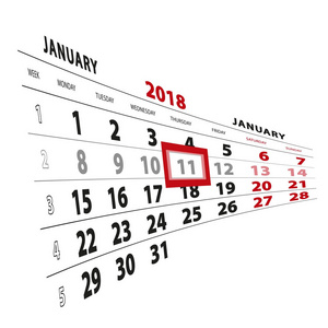 1月11日在日历2018中突出显示.周从星期一开始照片