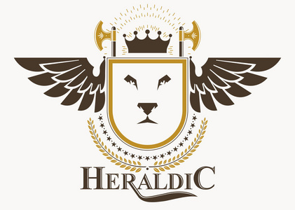 复古装饰纹章矢量, 由野狮插图和帝王皇冠组成