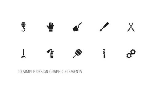 10 可编辑工具图标集。包括符号如花园剪刀 挖掘，平衡和更多。可用于 Web 移动 Ui 和数据图表设计