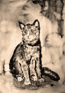在棕褐色的色调与背景的小猫。由于纸张表面粗糙度的改变, 轻轻技术给出了软焦效应。