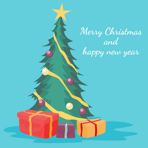 圣诞圣诞树卡设计圣诞快乐, 新年与礼品盒和装饰品。矢量插图