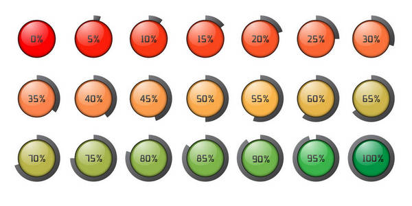 彩色百分比圆圈图标的集合。动画的矢量百分比图标