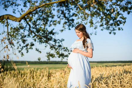 年轻美丽的孕妇在阳光明媚的夏日里走在麦田橙地里。自然在国家