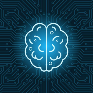 大脑形状图标在蓝色电路主板背景顶部视图