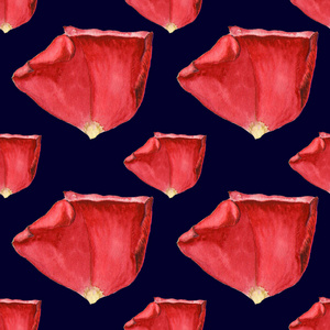 红色的玫瑰花瓣上的深蓝色背景。无缝的水彩图案