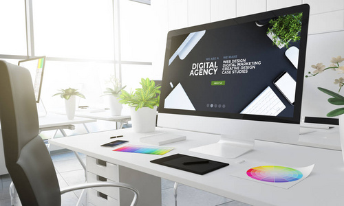数字代理网站设计在电脑屏幕上, 创意工作室与彩色色板在桌子上, 3d 渲染