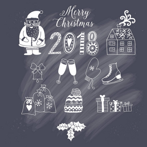 圣诞节涂鸦元素 圣诞老人，房子，蛋糕，刻字 2018年的标志。设计方案集为冬季节日装饰。矢量涂鸦元素