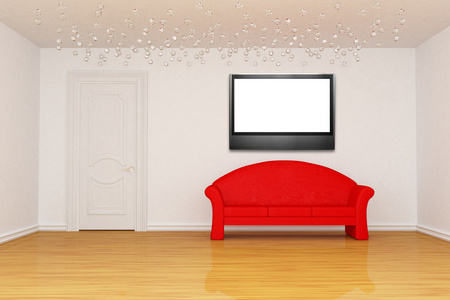 带门红色沙发和相框的客厅