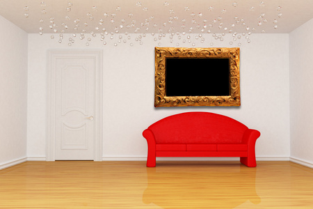 带门红色沙发和相框的客厅