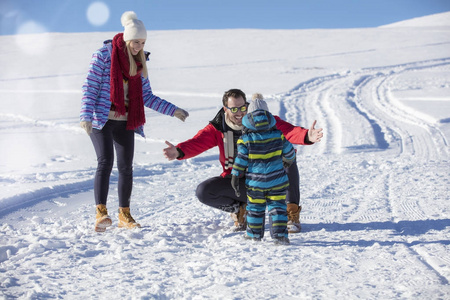 有吸引力的家庭乐趣在冬季公园山上