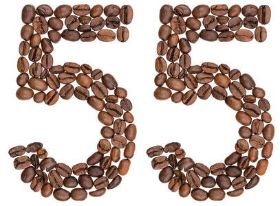 五十五阿拉伯语数字 55, 五十五, 从咖啡豆, 孤立在照片