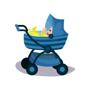 可爱的在一个蓝色的现代婴儿手推车,运送小患儿舒适卡通矢量图照片
