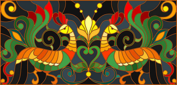 在彩色玻璃风格与一对公鸡 鲜花和一个黑暗的背景 图像横向 绘画 Khokhloma 模仿模式图