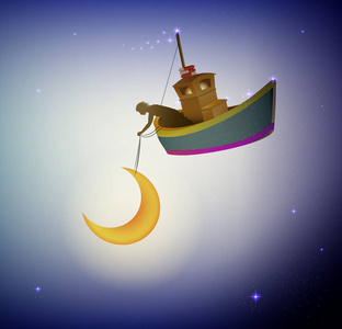 仙女在天堂的小船上抱着月亮, 童话中的梦幻水手, 仙境夜工作者