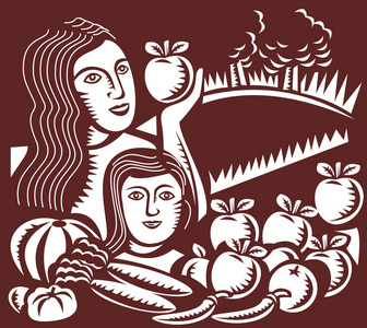 女人和孩子拿着苹果水果蔬菜