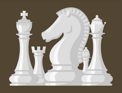 国际象棋棋盘和棋子矢量休闲概念骑士组白片竞争